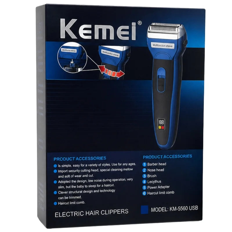 Kemei USB الیکٹرک ہیئر کلپر | ماڈل KM-5560 | ریچارج ایبل ہیئر ٹرمر مع نوز ٹرمر اٹیچمنٹ | پروفیشنل گرومنگ کٹ